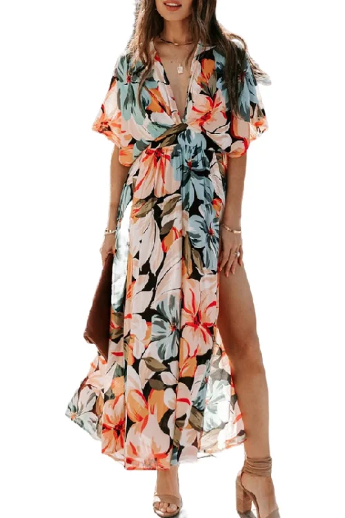 2025  Fashion Casual Elegant Long Maxi High Slit Dress Deep V Neck Short Sleeve Flower Floral Dresses Women 2025