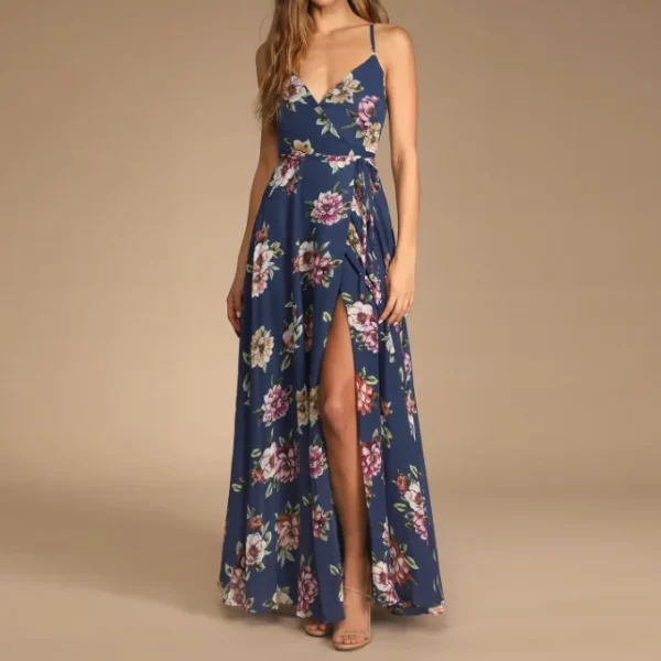 Digital Printing Casual Women's Fashion Floral Casual V-Neck Club Dress Party Waist Side Slit Dress Elegant Sexy Loose Beach