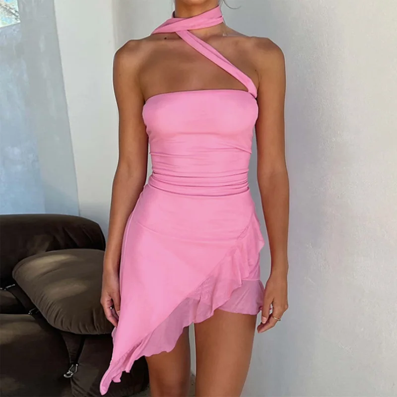 2025 Summer Halter Backless Sleeveless Solid Color Asymmetric Mini Women’S Dress Party Elegant Evening Spring Summer Cloth