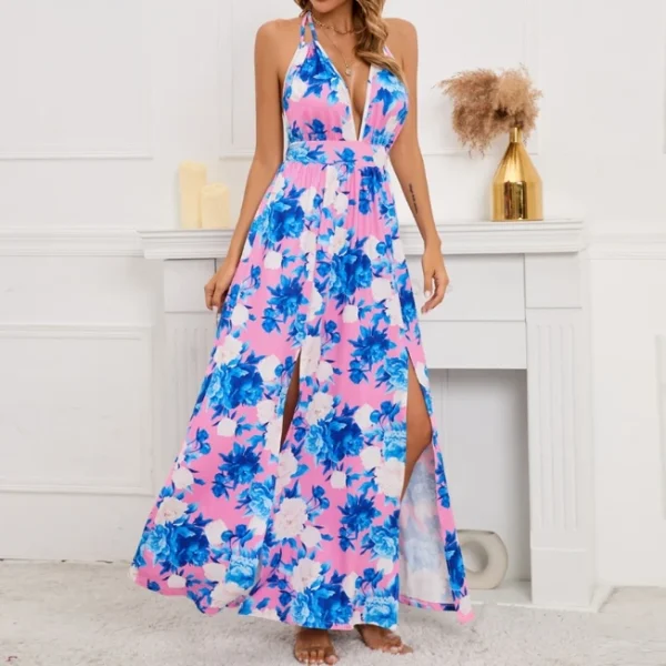 2025 High Quality Digital Printing Casual Dresses Floral Print Deep V Neck Women's Dress Small MOQ