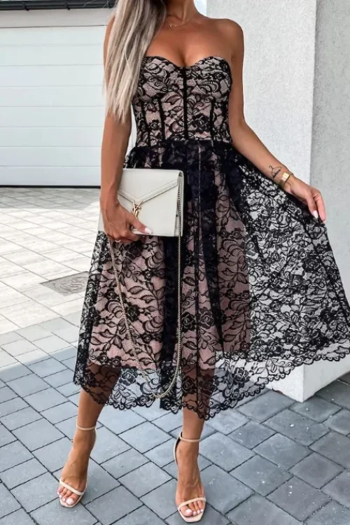 2025 Y2K Popular Women’s Clothing Strapless Lace Maxi Dress High Quality Women’s Dress Small MOQ