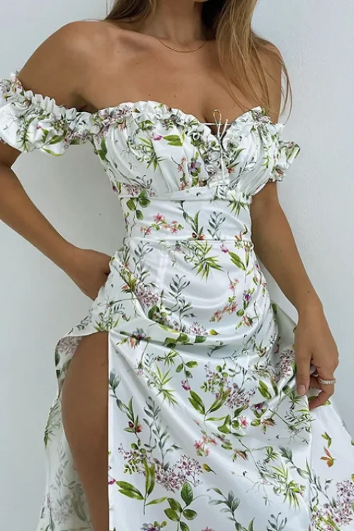 2025 Digital Printing Casual Dresses a Word Shoulder Floral High Split Dress Leisure Vacation Wind Fashionable