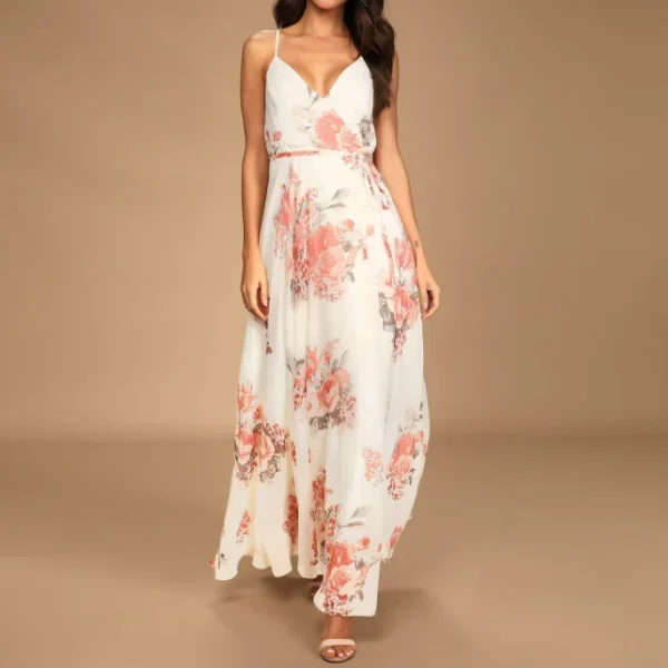 Digital Printing Casual Women's Fashion Floral Casual V-Neck Club Dress Party Waist Side Slit Dress Elegant Sexy Loose Beach - Image 2