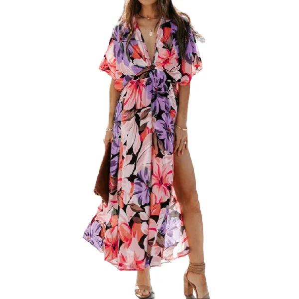 2025  Fashion Casual Elegant Long Maxi High Slit Dress Deep V Neck Short Sleeve Flower Floral Dresses Women 2025 - Image 4