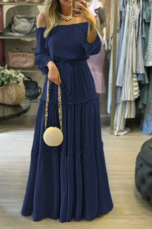 2025 Women Clothing Organic Cotton off Shoulder Maxi Ruffled Dress High Quality Women’s Dress Small MOQ