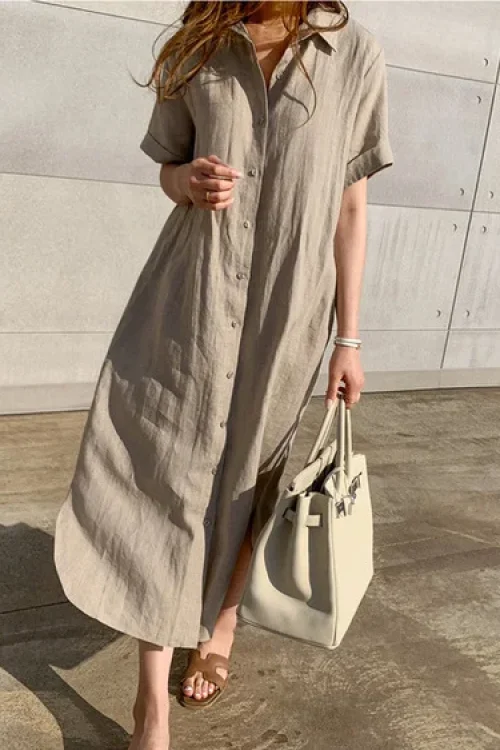 2025 Women Clothing Organic Cotton Short Sleeve Button Down Maxi Dress High Quality Women’s Dress Order